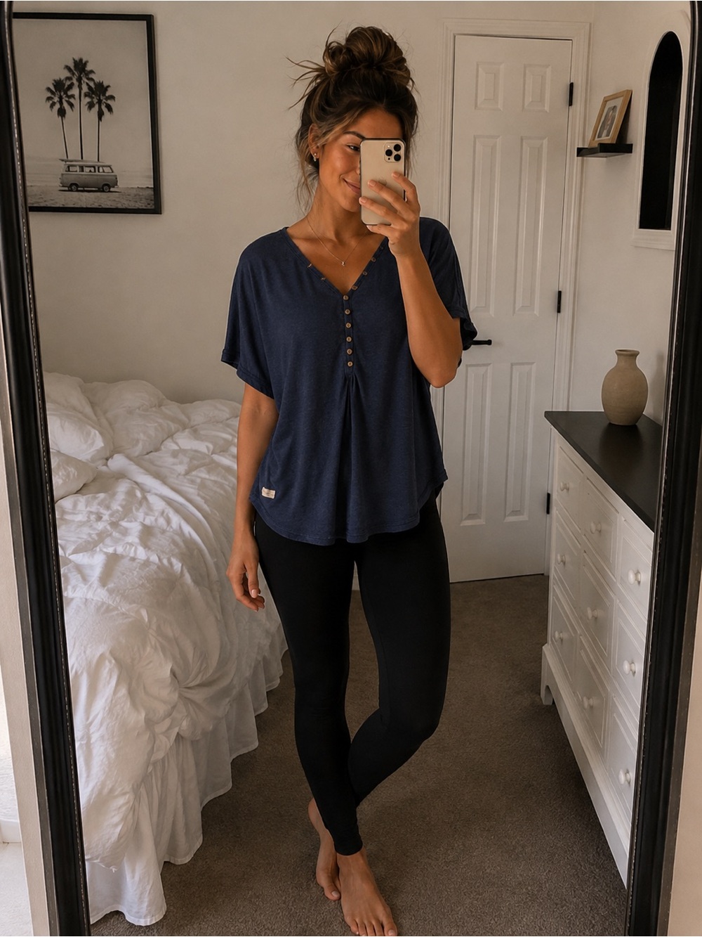 Simply Southern Navy Button-Front V-Neck Short Sleeve Top comfy fall top large